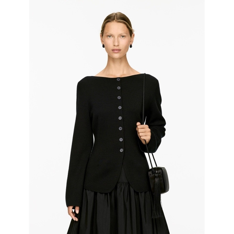 Ark Women's Clothing Wool Waist-Tightening Button Cardigan Black Autumn New Style 1305269001
