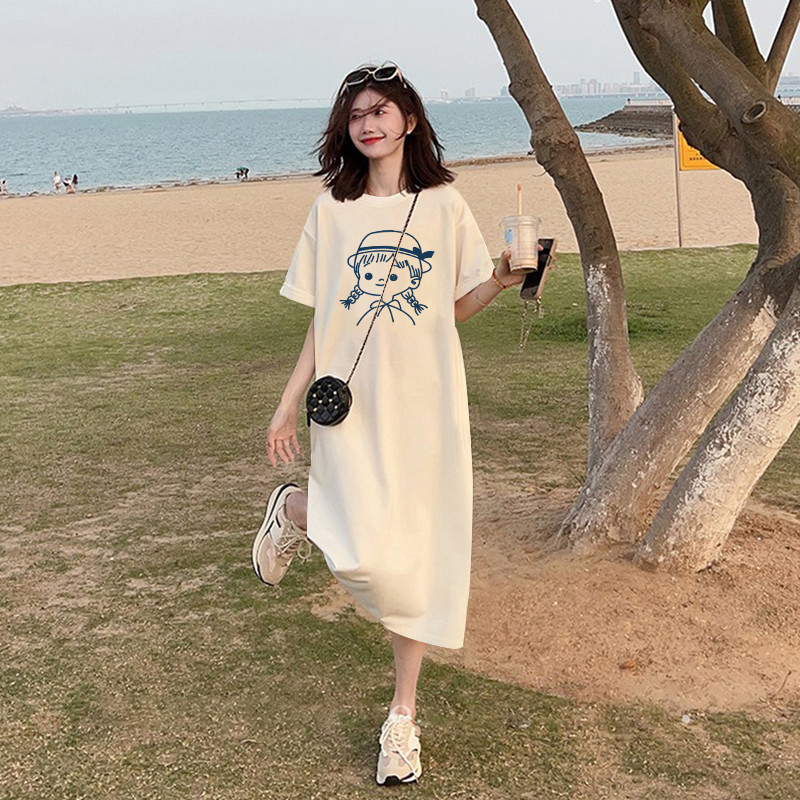 Plus Size Women's Pure Cotton Short-Sleeve T-Shirt Dress, Summer Clothing, Loose Fit, Tummy-Covering, Slimming, Slit Long Dress for Petite Women