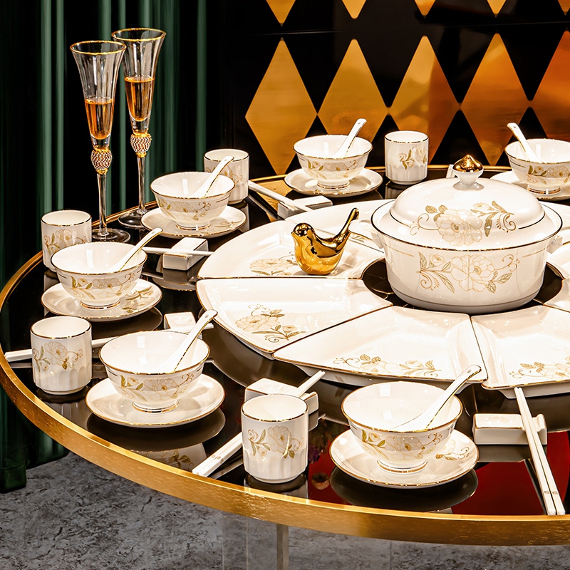 Jingdezhen 2025 New Style Platter Tableware Set Bowls and Plates for Home Use Fan-Shaped Round Table Jingdezhen Ceramic Bowls and Dishes