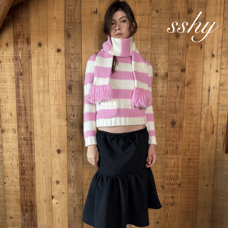 Sshy Pink and White Striped Chunky Knit Pocket Wool Sweater + Tassel Scarf