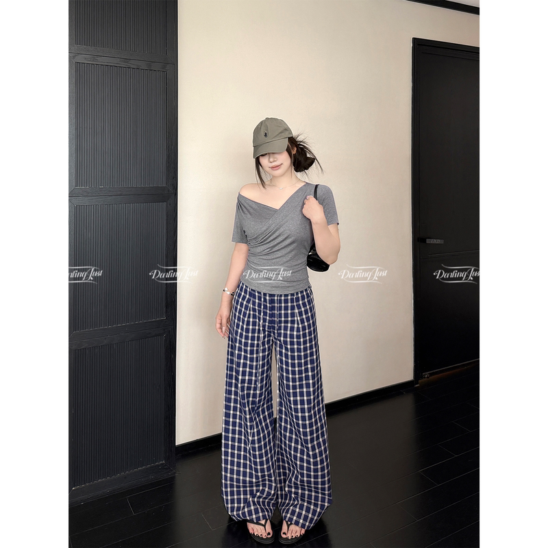 Darlingjust Xiaoyedundun [Island Plaid] Retro Plaid Casual Pants for Women, Slimming Straight Wide-Leg Pants