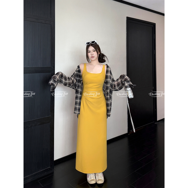 Darlingjust Xiaoyedundun [Bright and Elegant Daughter] Slim Fit Square Neck Dress Women's Pleated Design Long Dress