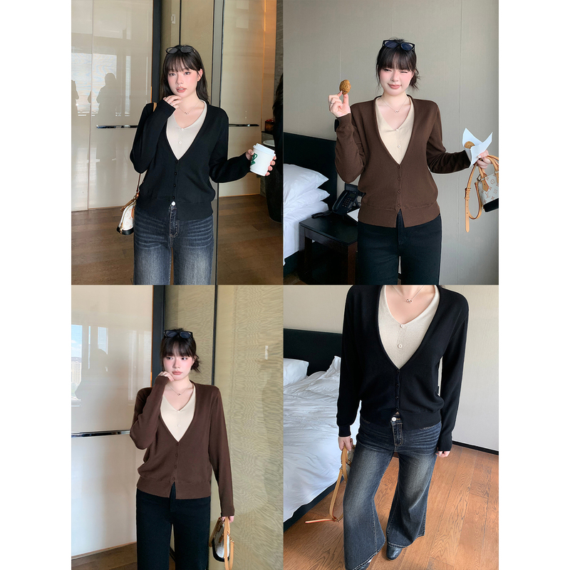 Darlingjust Xiaoyedundun [Elegant and Simple] Sheep Wool V-Neck Knitted Cardigan Women's Fake Two-Piece Top