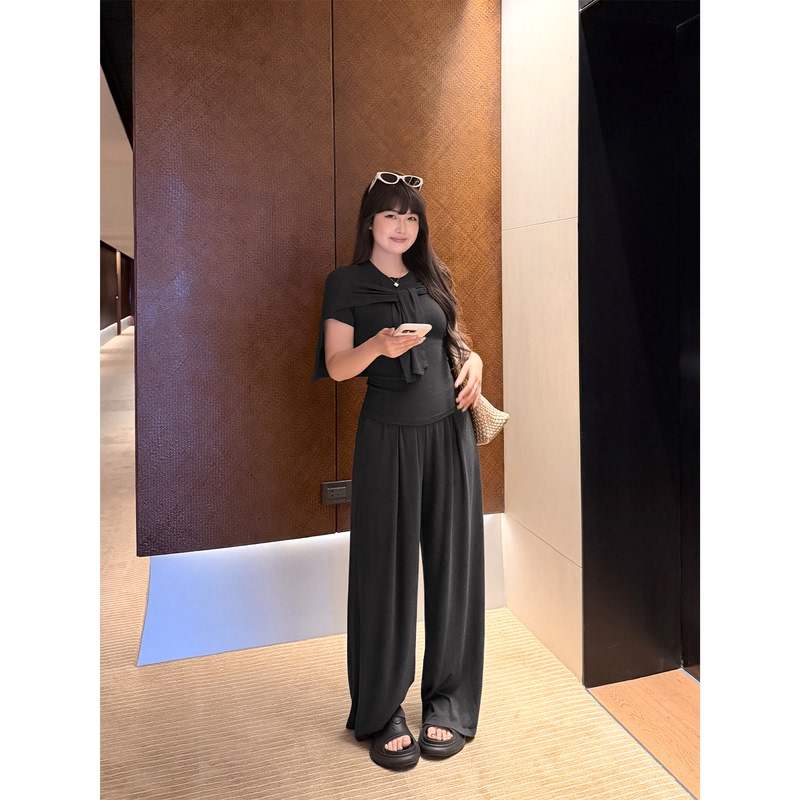 Darlingjust Xiaoyedundun [Slim Fit Set] Minimalist Relaxed Short-Sleeve Wide-Leg Pants Three-Piece Set for Women