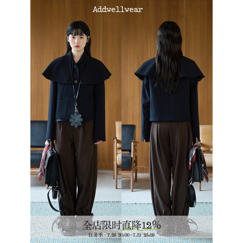 Aww Detachable Cape Blazer·Cape Design Small Round Neck Jacket Navy Blue Textured Autumn and Winter Top Aww Detachable Cape Blazer·Cape Design Small Round Neck Jacket Navy Blue Textured Autumn and Winter Top