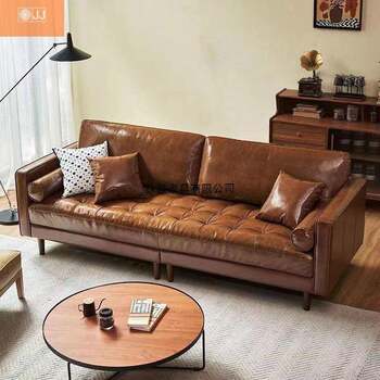 Medieval style sofa small apartment living room french retro simple fashion three-seat caramel color oil wax leather sofa Medieval style sofa small apartment living room french retro simple fashion three-seat caramel color oil wax leather sofa