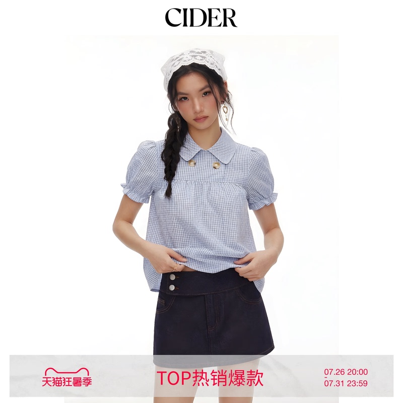[Celebrity Style] Cider Peter Pan Plaid Puff Sleeve Loose Top Short Sleeve Shirt 115149732