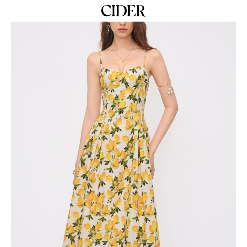 Cider Lemon-Colored Lace Trim Pleated Spaghetti Strap Midi Dress 114640756 Cider Lemon-Colored Lace Trim Pleated Spaghetti Strap Midi Dress 114640756