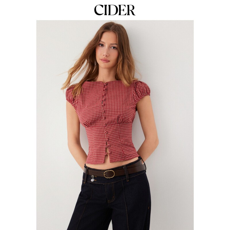 [Celebrity Style] Cider2026 Spring New Arrival Red Plaid Square Neck Puff Sleeve Short Top 115167838