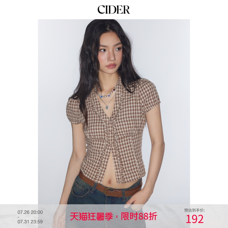 [Celebrity Style] Cidermiu V-Neck Plaid Waist-Tightening College Style Short-Sleeve Shirt 113883862