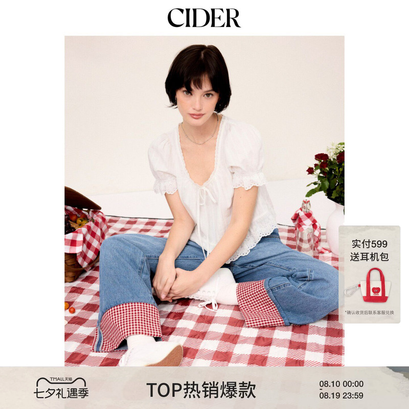 Cider2026 Spring New Lace-Trimmed Lace-Up Short Puff Sleeve Top 115329393