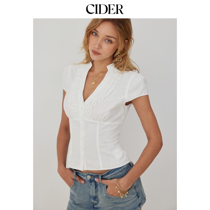 [Celebrity Style] Cider2026 Summer Cotton Blend Hollow Lace Ruffle Shirt 115423922