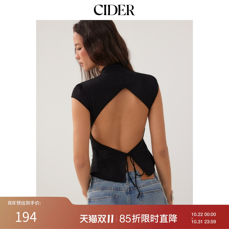 Cider New Autumn Product Stand-Up Collar Short-Sleeved Lace-Up Cut Out Backless Slim Fit Top 115479930