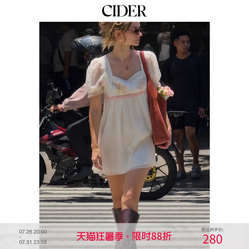 Cider Graduation Season Outfit｜Three-Dimensional Floral Embroidered Square-Neck Puff-Sleeve Mini Dress 115416308