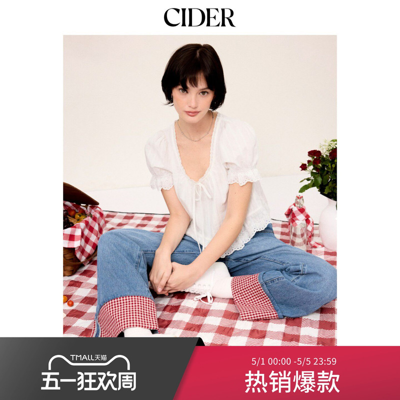 Cider2026 Spring New Lace-Trimmed Lace-Up Short Puff Sleeve Top 115329393