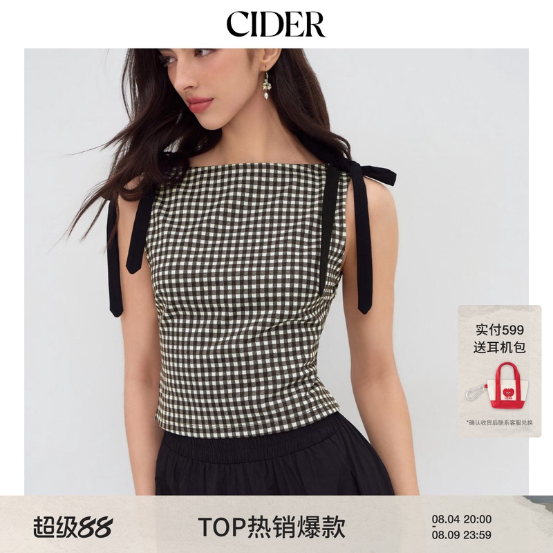 [Celebrity Style] Cider Authentic Early Autumn Boat Neck Plaid Bow Vest Top 114193321