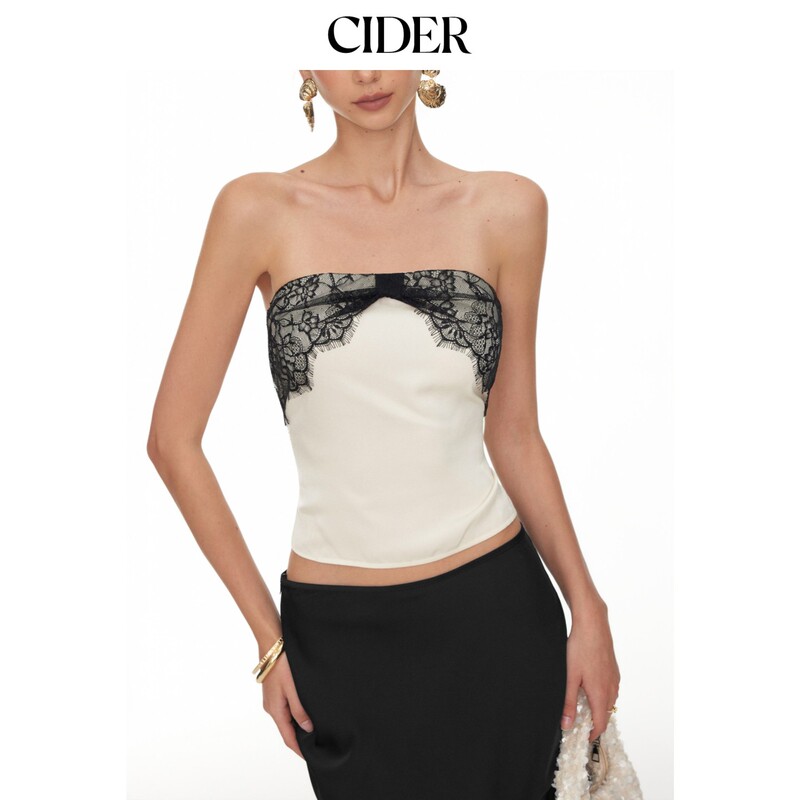Cider2026 Summer New Satin Tube Top Lace Patchwork Top 115428477