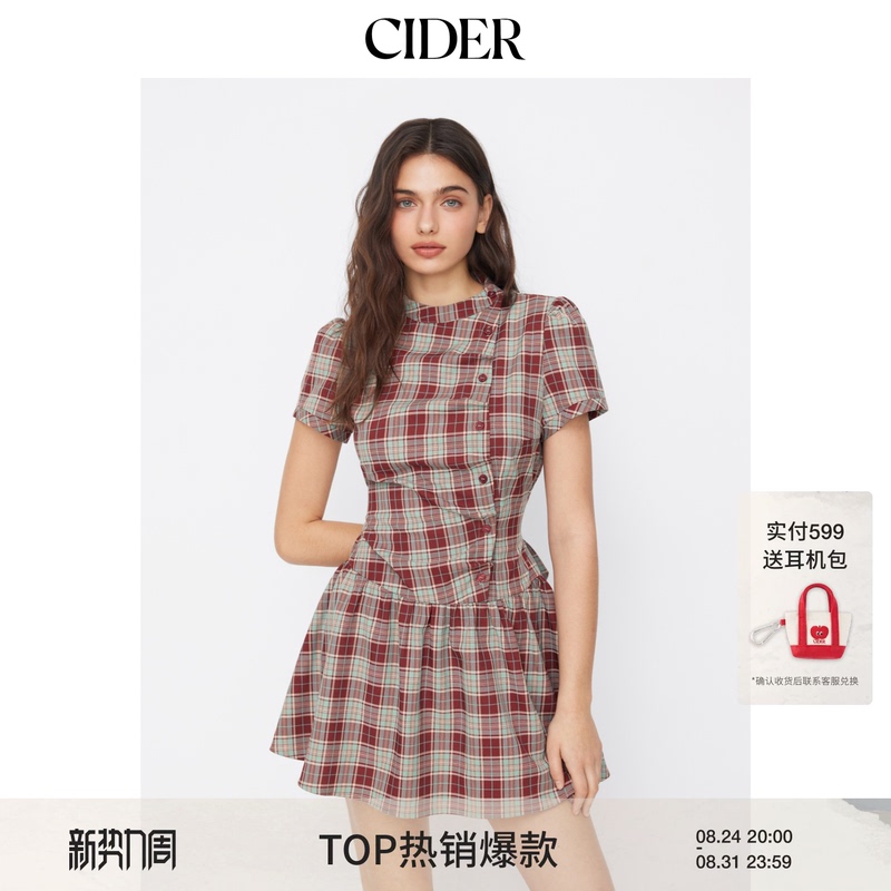 [Celebrity Style] Cider American Plaid Puff Sleeve Tie Dress 114992258
