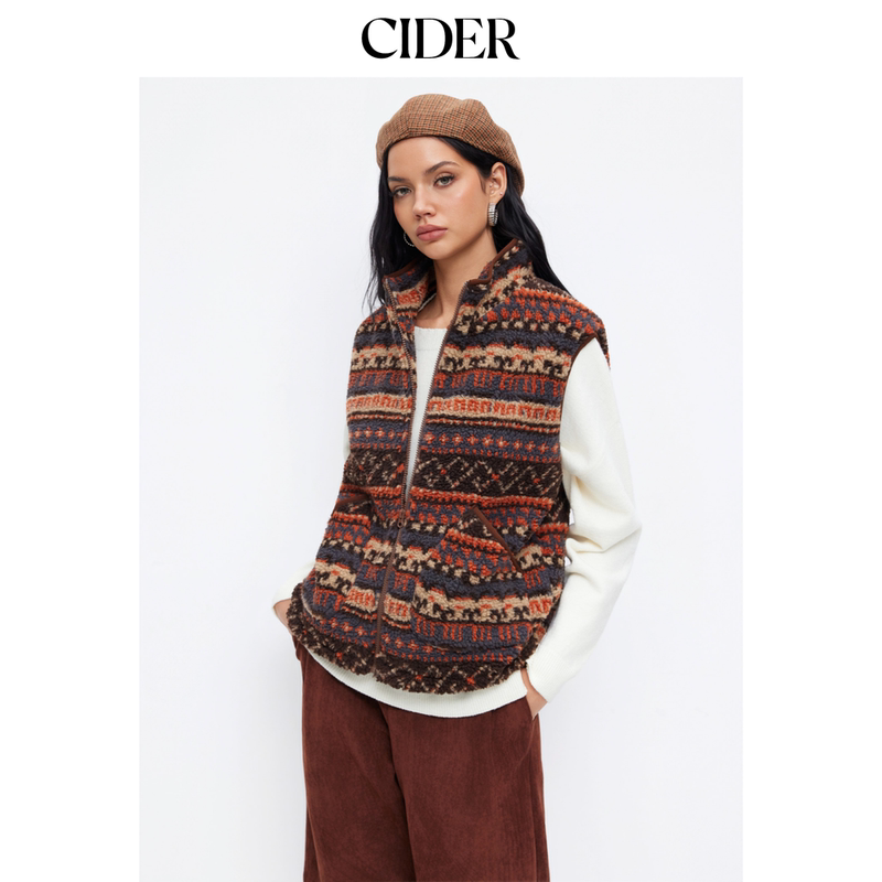 Cider Aztec Style Fleece Lapel Drawstring Zipper Loose Jacket Vest 114946432 Cider Aztec Style Fleece Lapel Drawstring Zipper Loose Jacket Vest 114946432