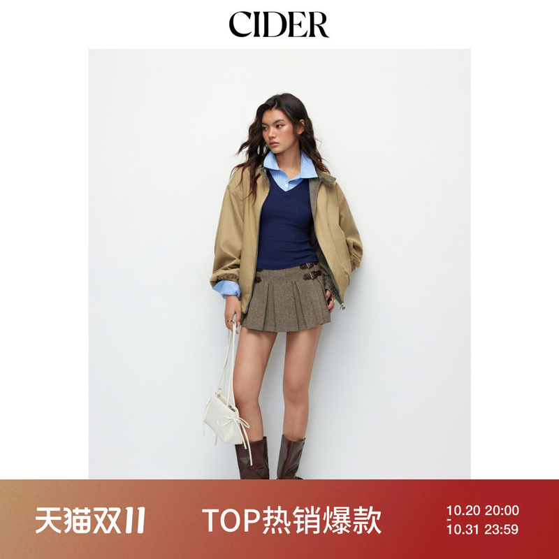 Cider Double-Sided Cotton Stand-Up Collar Houndstooth Loose Bomber Jacket 114774484