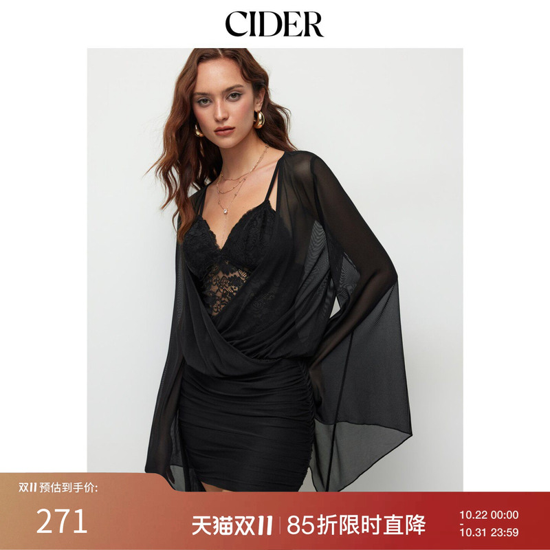 Cider2026 Autumn New Product Mesh V-Neck Flared Sleeve Pleated Slim Mini Dress 115711284