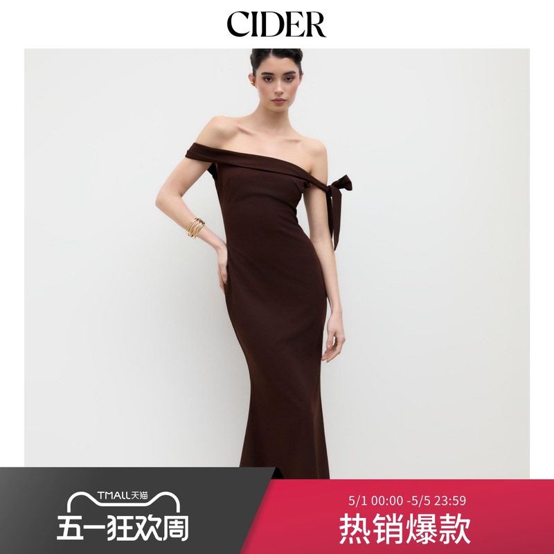 Ciderchic Elegant Off-Shoulder Bow One-Shoulder Long Waist-Cinching Dress 114444307