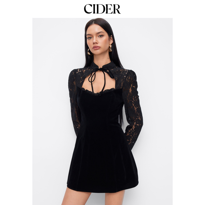 Cider Velvet Lapel Long-Sleeved Lace Mesh Lace-Up Mini Dress 115032159 Cider Velvet Lapel Long-Sleeved Lace Mesh Lace-Up Mini Dress 115032159
