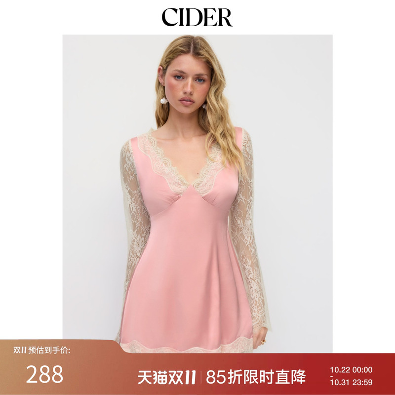 Cider2026 Autumn New Satin V-Neck Lace Trim Long Sleeve Mini Dress 115654213 Cider2026 Autumn New Satin V-Neck Lace Trim Long Sleeve Mini Dress 115654213