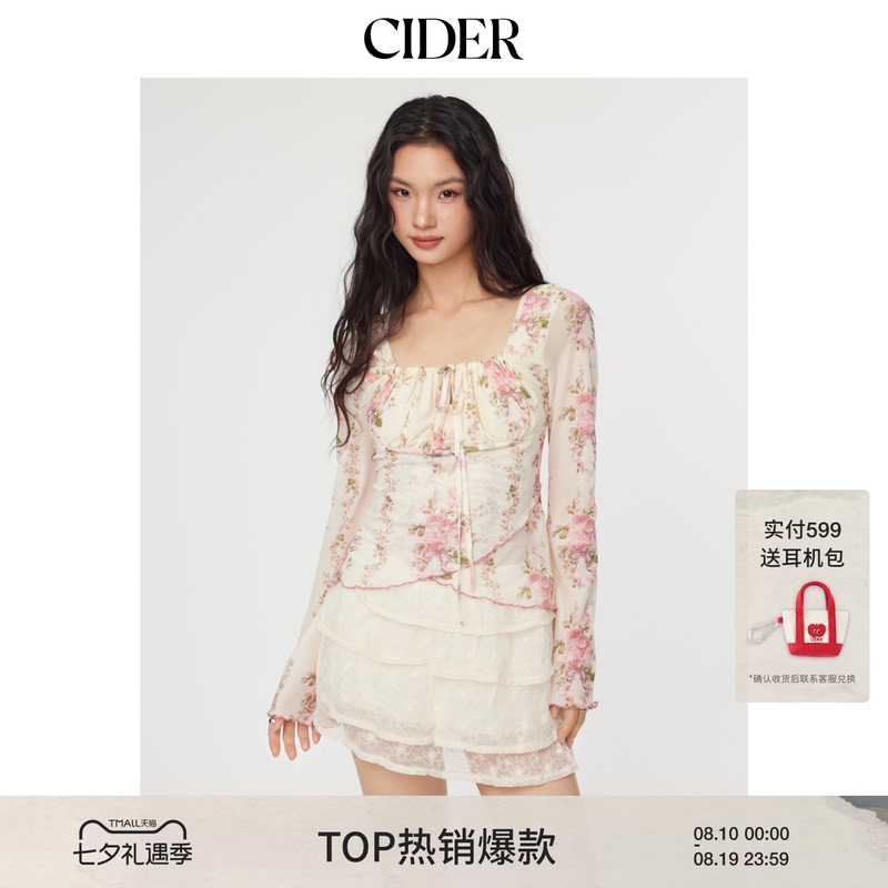 Cider Floral Ruffled Drawstring Long-Sleeved Mesh Sweetheart Cinched Waist Square Neck Top American Women's Clothing 114915152