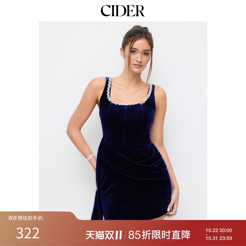 Cider Velvet U-Neck Rhinestone Pleated Mini Dress 114885292