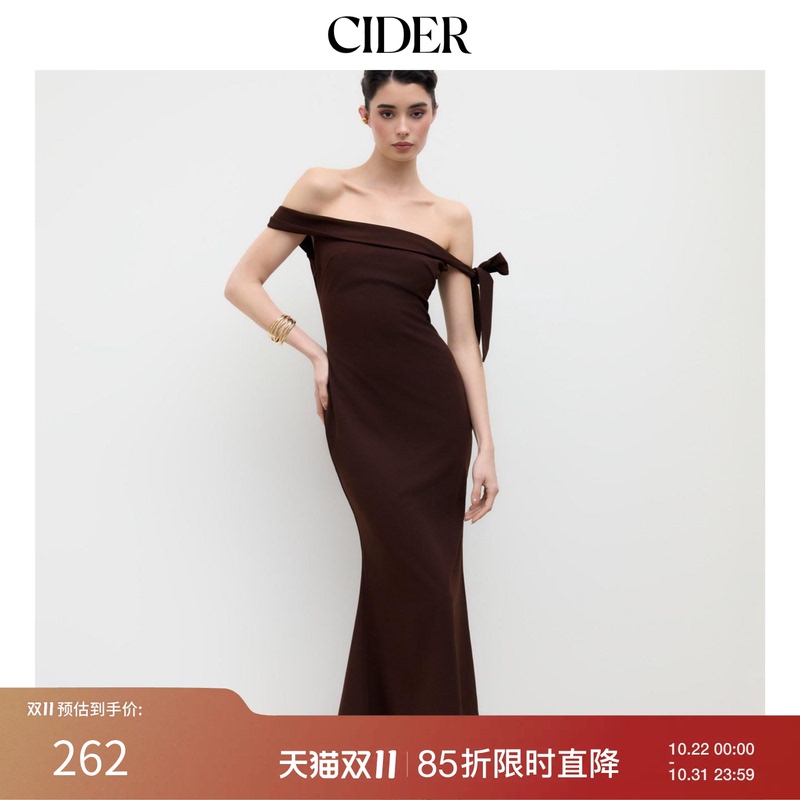 Ciderchic Elegant Off-Shoulder Bow One-Shoulder Long Waist-Cinching Dress 114444307