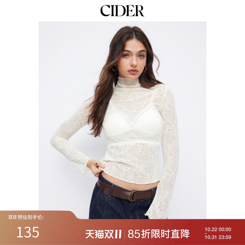Cidermiu Lace High-Neck Long-Sleeve Ruffled Inner Top 114975035