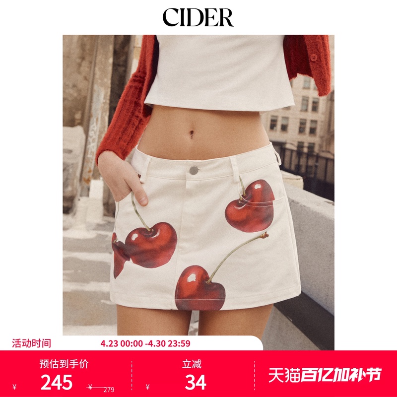 [Celebrity Style] Cider Cherry Print Cotton Mid-Waist A-Line Mini Skirt 115132961