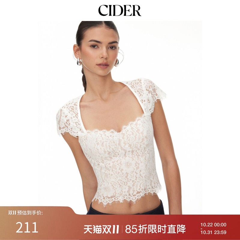 Cider Autum New Product Cotton Blended Lace Round Neck Short-Sleeved Top 115483438 Cider Autum New Product Cotton Blended Lace Round Neck Short-Sleeved Top 115483438