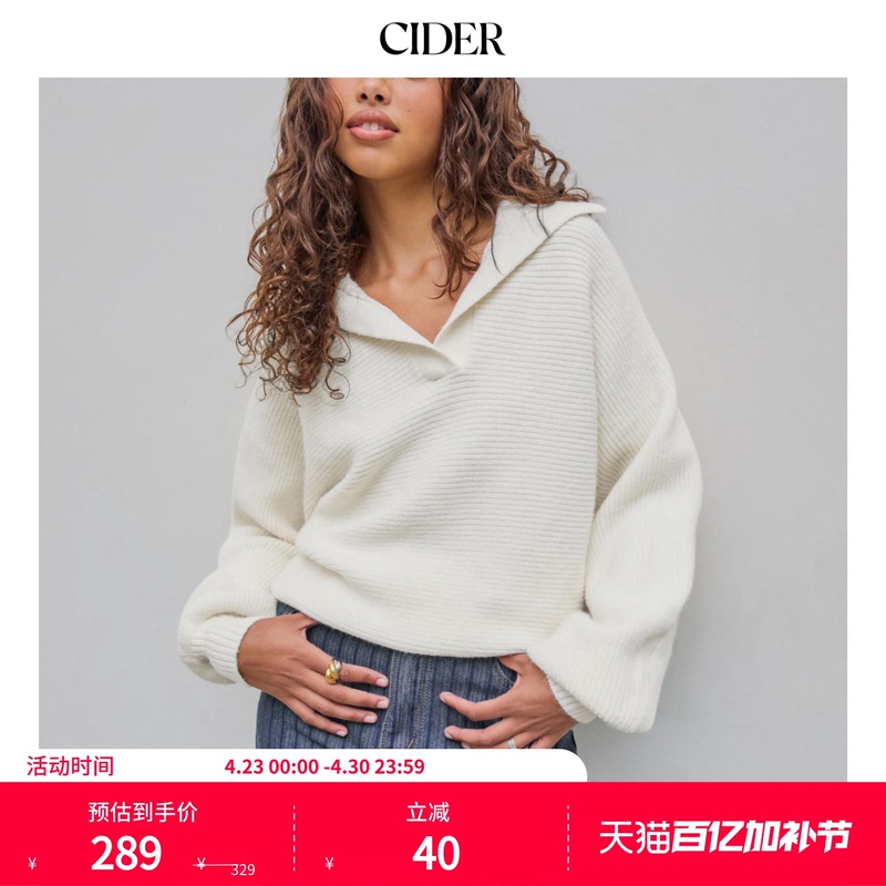 Cider New Knitwear V Neck Loose Color Long Sleeve Polo Knit Top for Women 101047960