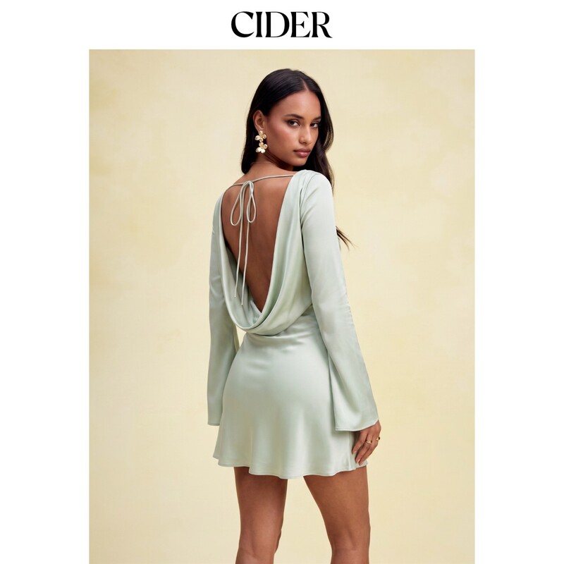 Cider2026 Summer New Satin Boat Neck Bell Sleeve Backless Mini Dress 115627177