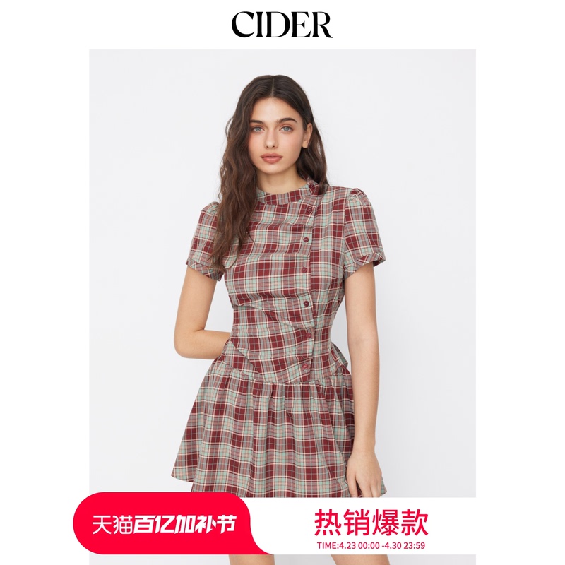 Cider American-Style Plaid Lapel Puff Sleeve Lace-Up Mini Dress 114992258