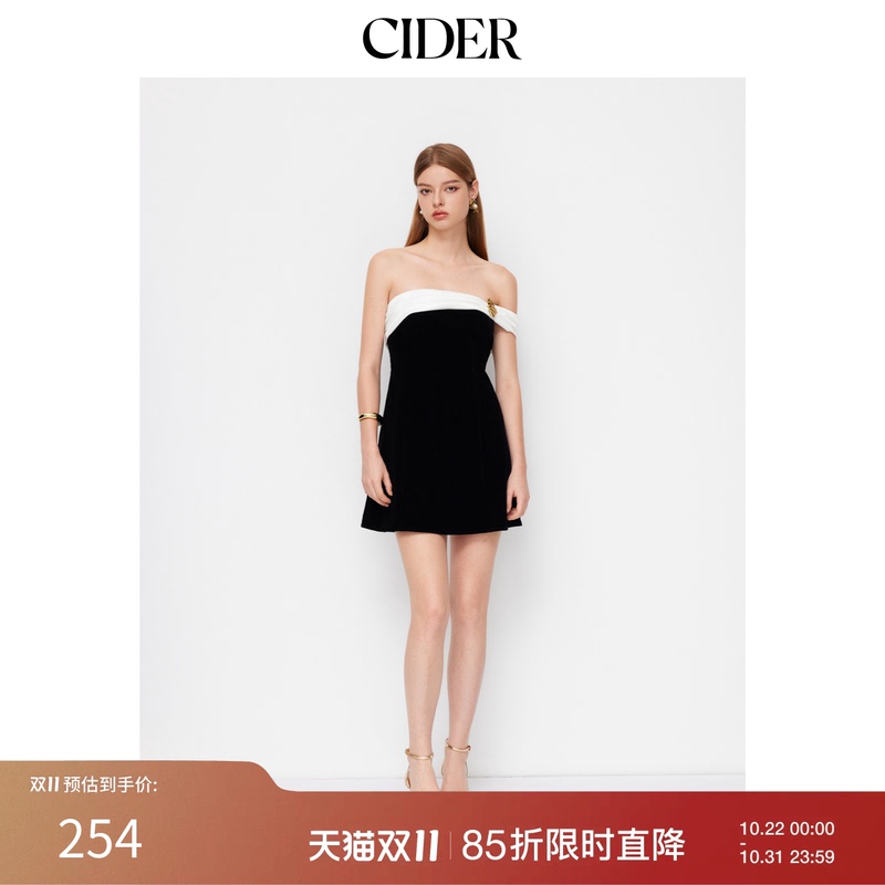 Cider Velvet Two-Tone Off-Shoulder Metal Embellished Mini Dress 114884615