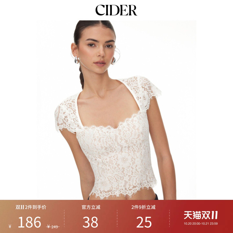 Cider Autum New Product Cotton Blended Lace Round Neck Short-Sleeved Top 115483438