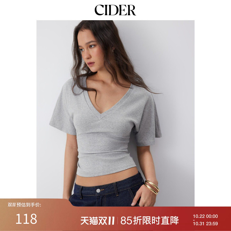 Cider New Autumn Product Cotton Blend High Elastic V-Neck Short-Sleeved Top 115346368 Cider New Autumn Product Cotton Blend High Elastic V-Neck Short-Sleeved Top 115346368