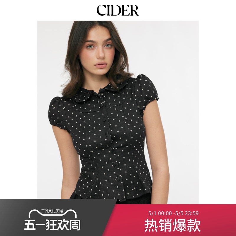 Cider Doll Collar Polka Dot Peter Pan Collar Puff Sleeve Short Top 115158390