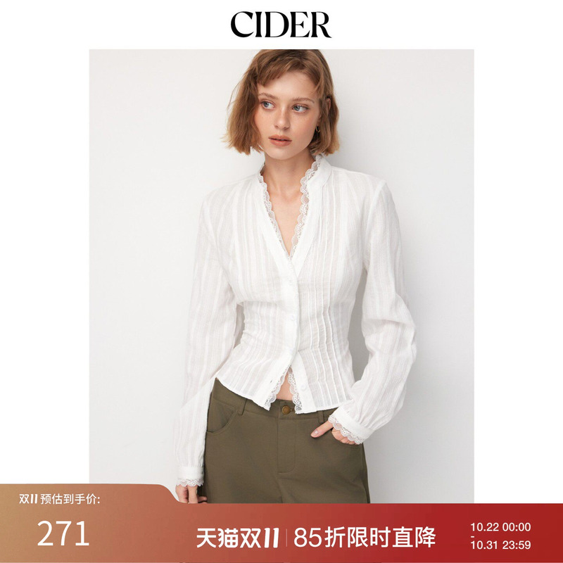 Cider2026 Autumn New Product Pure Cotton V-Neck Lace Trim Pleated Long Sleeve Shirt 115821505 Cider2026 Autumn New Product Pure Cotton V-Neck Lace Trim Pleated Long Sleeve Shirt 115821505
