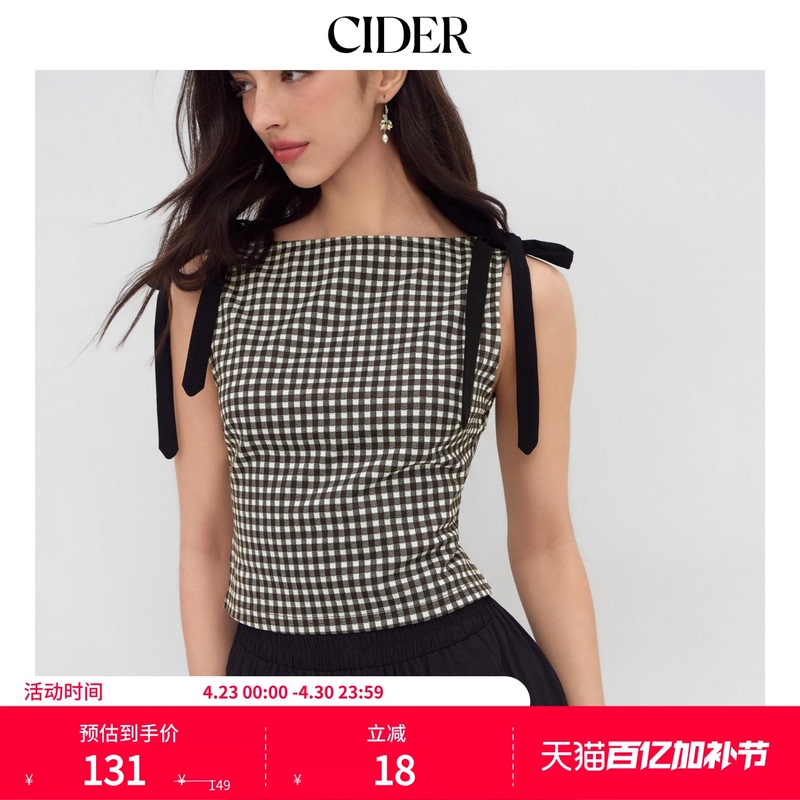[Celebrity Style] Cider Authentic Boat Neck Plaid Bow Vest Top 114193321