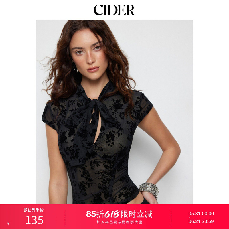 Cider2026 Spring New Product Floral Lace Round Neck Bow Front Tie Short Top 115129157