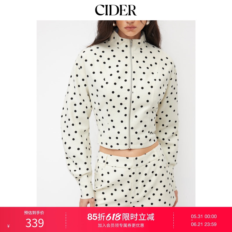 Cider Spring and Autumn Women's Thin Linen Blend Polka Dot High Collar Zipper Jacket 114809897