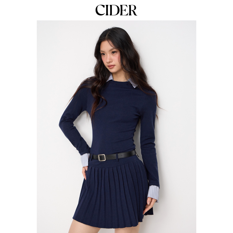 Cidermiu Knitted Lapel Waist-Cinching Pleated Dress 114959219 Cidermiu Knitted Lapel Waist-Cinching Pleated Dress 114959219