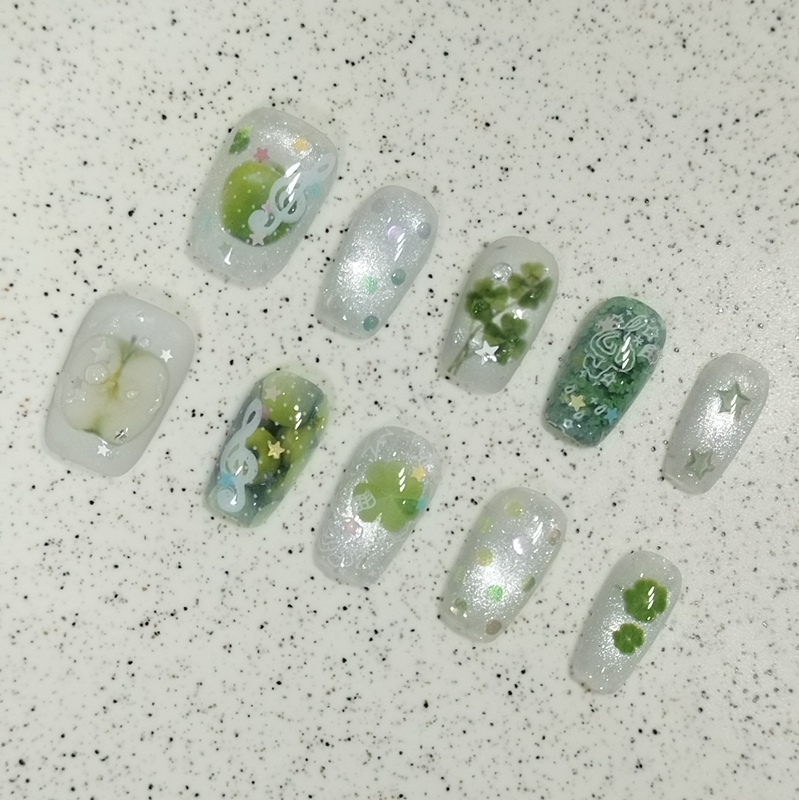 Green Apple Sparkling Water | Handmade Wearable Nails with Ancient Dream-Like Sound Wave Designs.