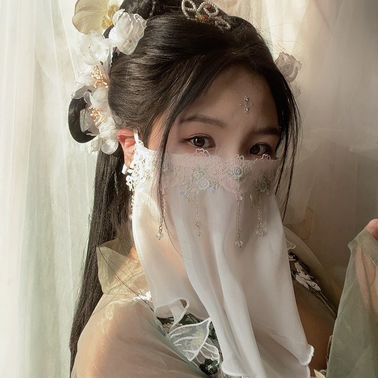 Hanfu Ancient Style National Style Embroidery Beaded Veil with Lush Flowers Female Streamer Fairy-Like Veil High-End Short Style Hanfu Ancient Style National Style Embroidery Beaded Veil with Lush Flowers Female Streamer Fairy-Like Veil High-End Short Style