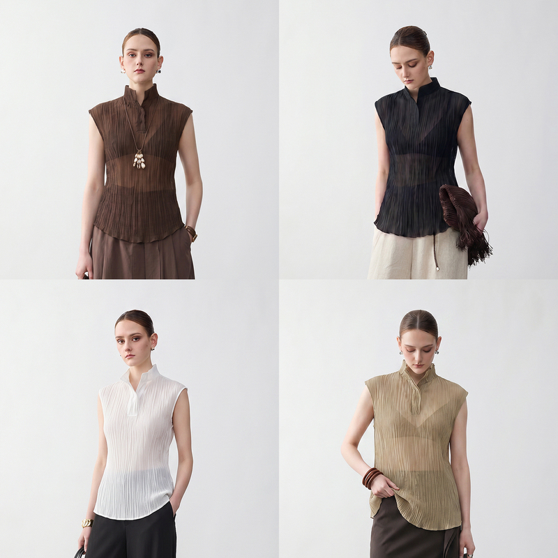 Quguan Old Money Texture Pleated Sleeveless Vest Outerwear High-End Vest Top Wabi-Sabi Women's Summer