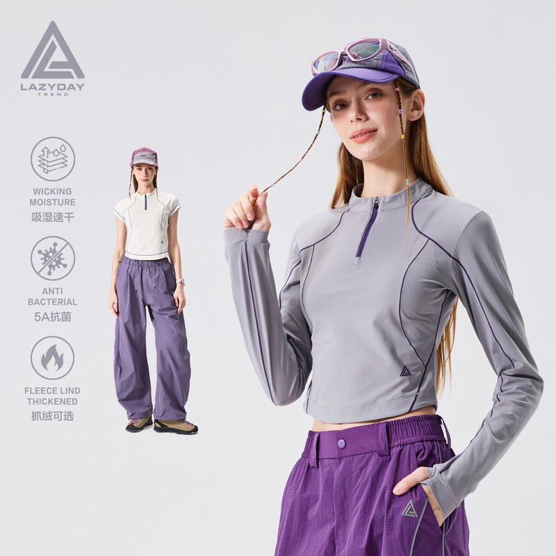 Lazy Day Outdoor Moisture-Absorbing and Quick-Drying Half-Zip Short Long-Sleeved T-Shirt for Women 5A Antibacterial Mountaineering and Hiking Sportswear Lazy Day Outdoor Moisture-Absorbing and Quick-Drying Half-Zip Short Long-Sleeved T-Shirt for Women 5A Antibacterial Mountaineering and Hiking Sportswear